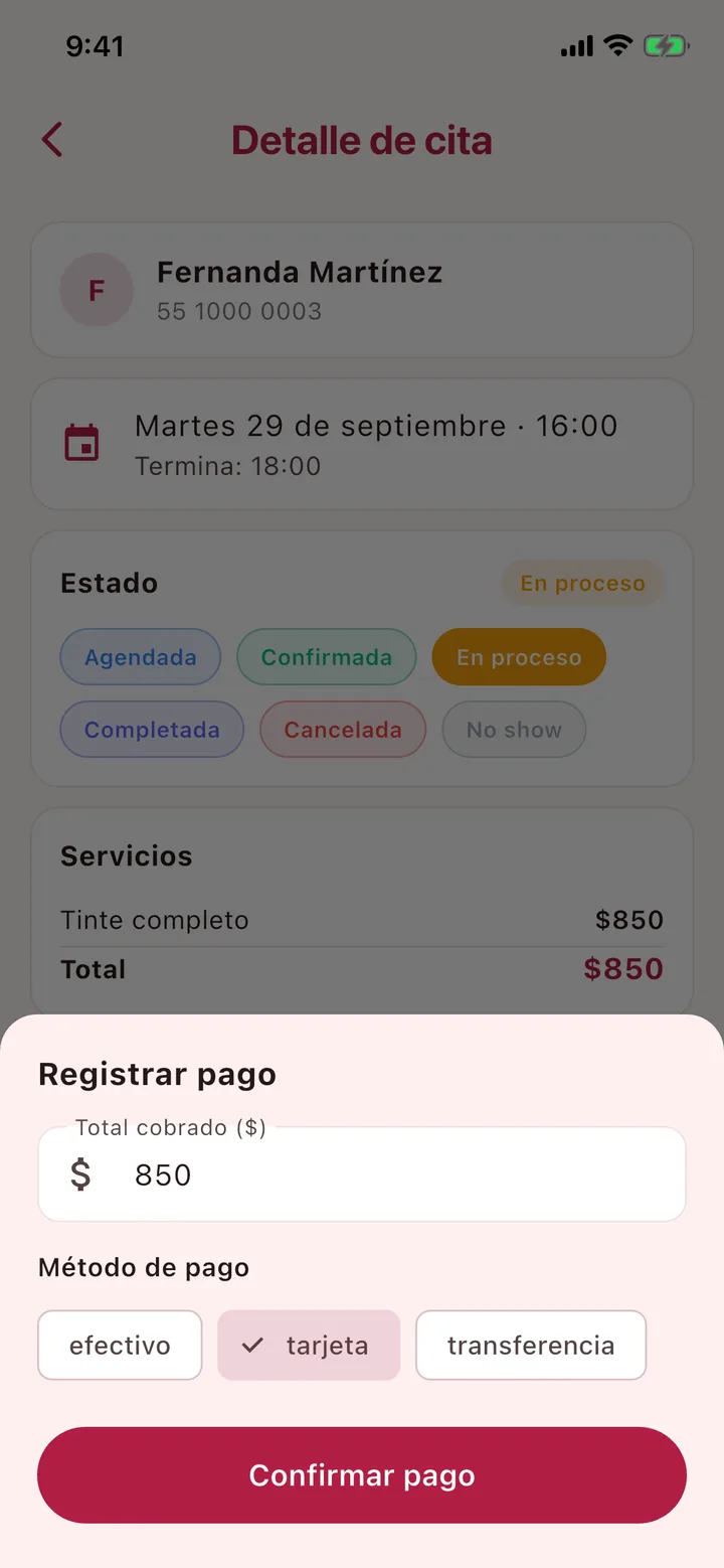 Registrar pago con total cobrado y método de pago