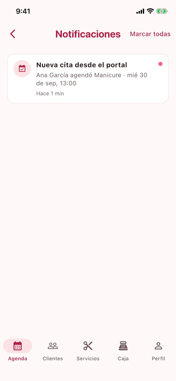 Aviso Nueva cita desde el portal en la app del salón