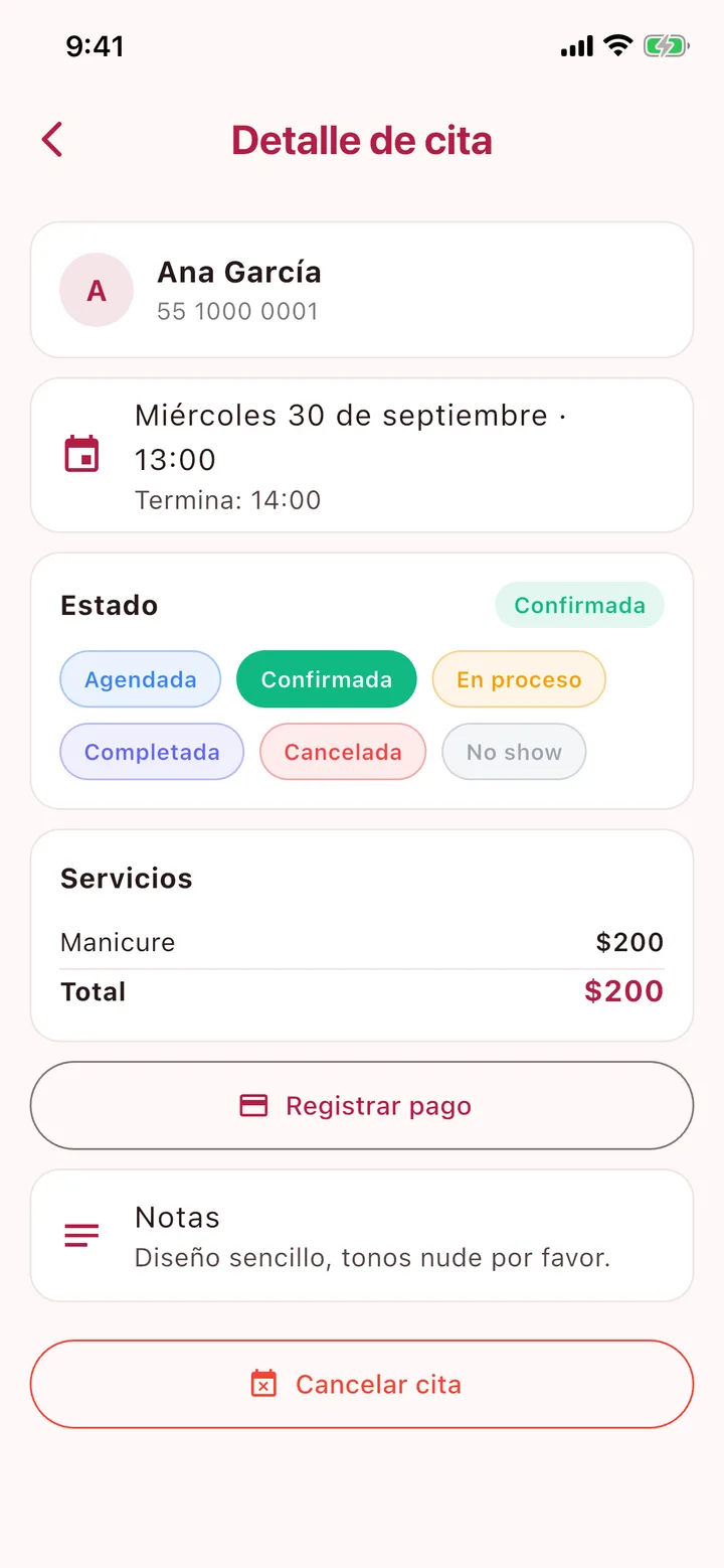 Detalle de la cita con el estado Confirmada