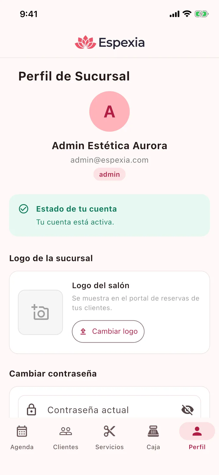 Perfil de la sucursal con el logo del salón