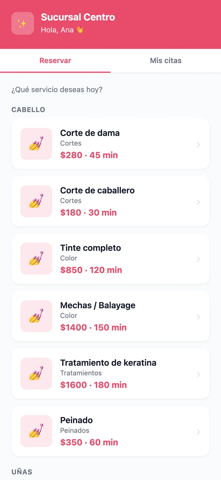 Portal de reservas con los servicios del salón por categoría, con precio y duración