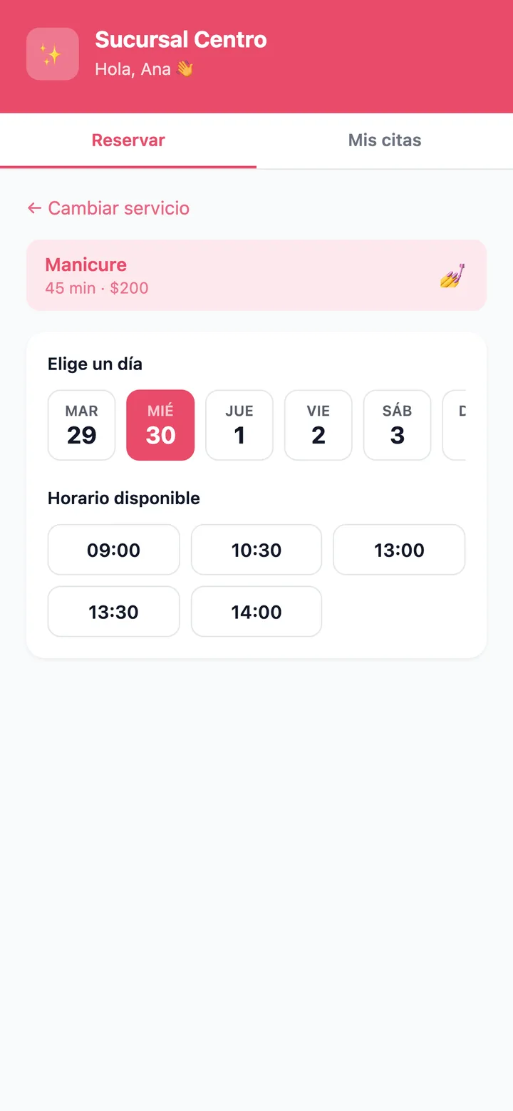 Elección de día y horario disponible en el portal